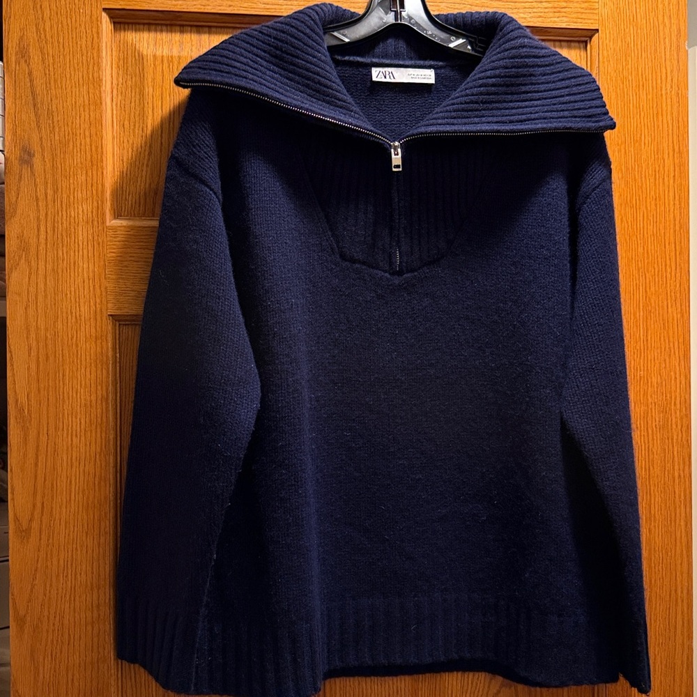 Zara Navy Blue 100% Thick Cashmere Half-Zip Sweater Sz M